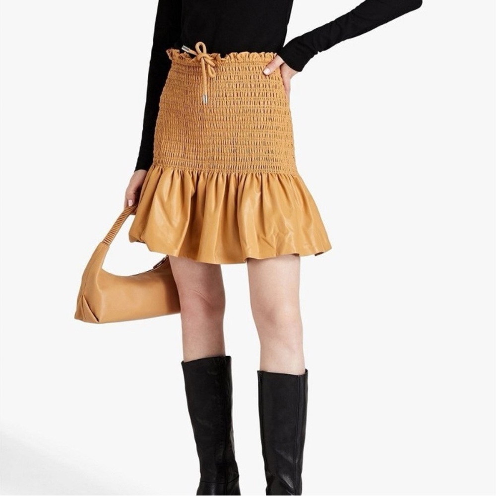 ALC Tan Smocked Faux Leather Ruffled Mini Skirt
